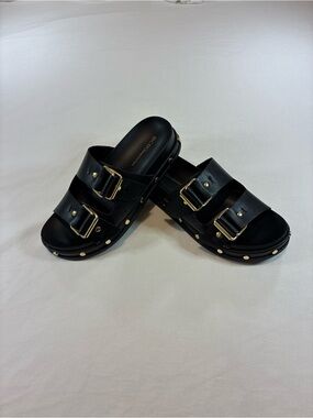 BCBGeneration Black Slide Sandals with Gold Hardware